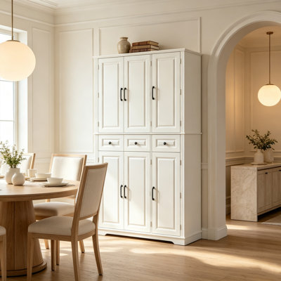 72" Tall White Freestanding Kitchen Pantry Cabinet, Farmhouse Embossed Texture Storage Cupboard with 3 Pull Out Trays and 6 Door Racks for Kitchen and Dining Room