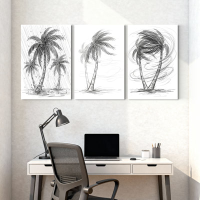 Palmiers, palmiers, pluie, vent, tempête, réflexions, croquis, ensemble de 3 impressions sur toile
