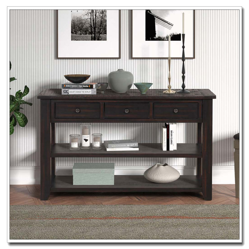 Console en bois vieilli avec 3 tiroirs et 2 tablettes, Noir patiné