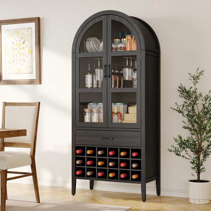 71" Arched Bar Cabinet With Detachable Wine Rack, Storage Cabinet, Farmhouse Bookcase, Black