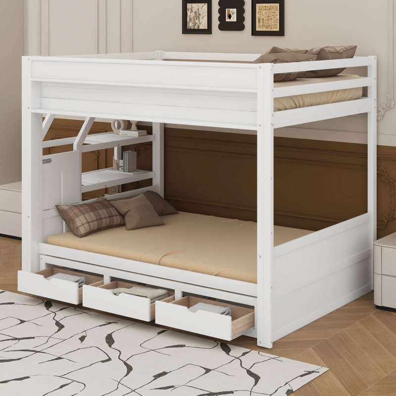 Un lit superposé convertible en bois avec un escalier de rangement, une table de chevet et trois tiroirs intégrés, Blanc