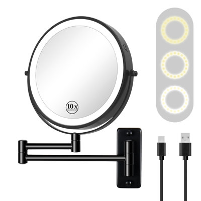 Miroir de maquillage mural 8 po à DEL, miroir de meuble-lavabo grossissant 1x / 10x avec bras pivotant et extensible à 360 °, à piles ou à brancher