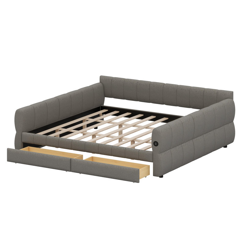 Lit tapissier moderne avec connectivité USB et tiroirs de rangement intégrés, Gris