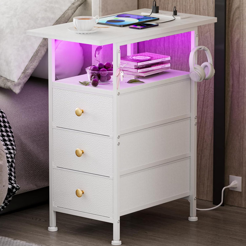 End Table with Charging Station Narrow Side Table Nightstand with LED Light, Bedside Table White