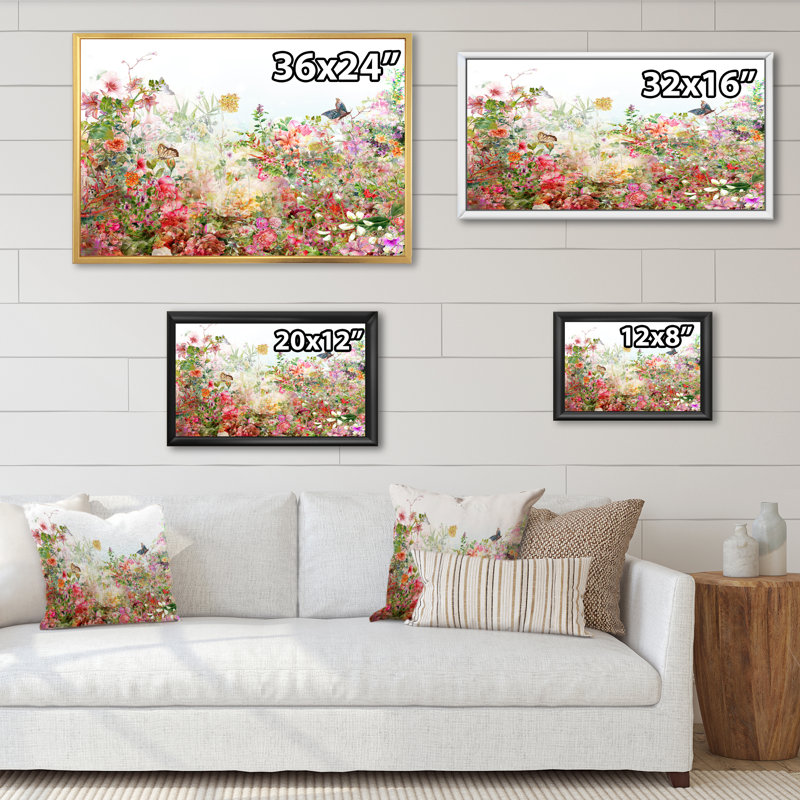 Rétro fleurs multicolores printanières VI - reproduction encadrée sur toile, H 24 po x l 36 po x P 1 po, Cadre flottant noir