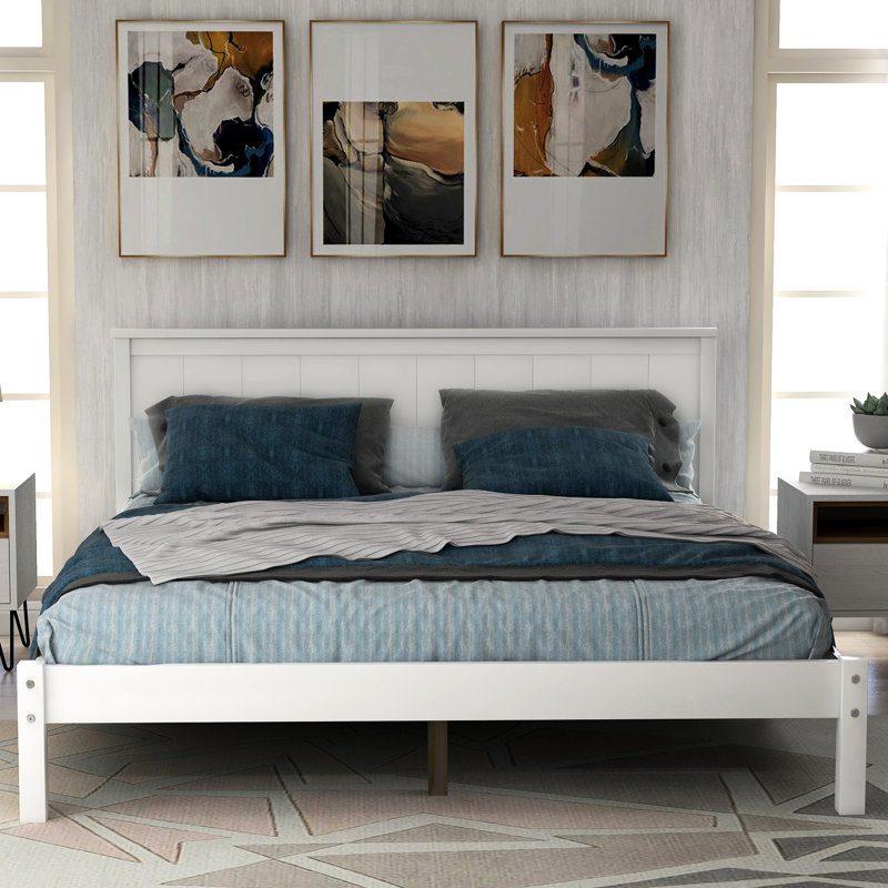 Lit plateforme double avec tête de lit, construction blanche, Full, Blanc