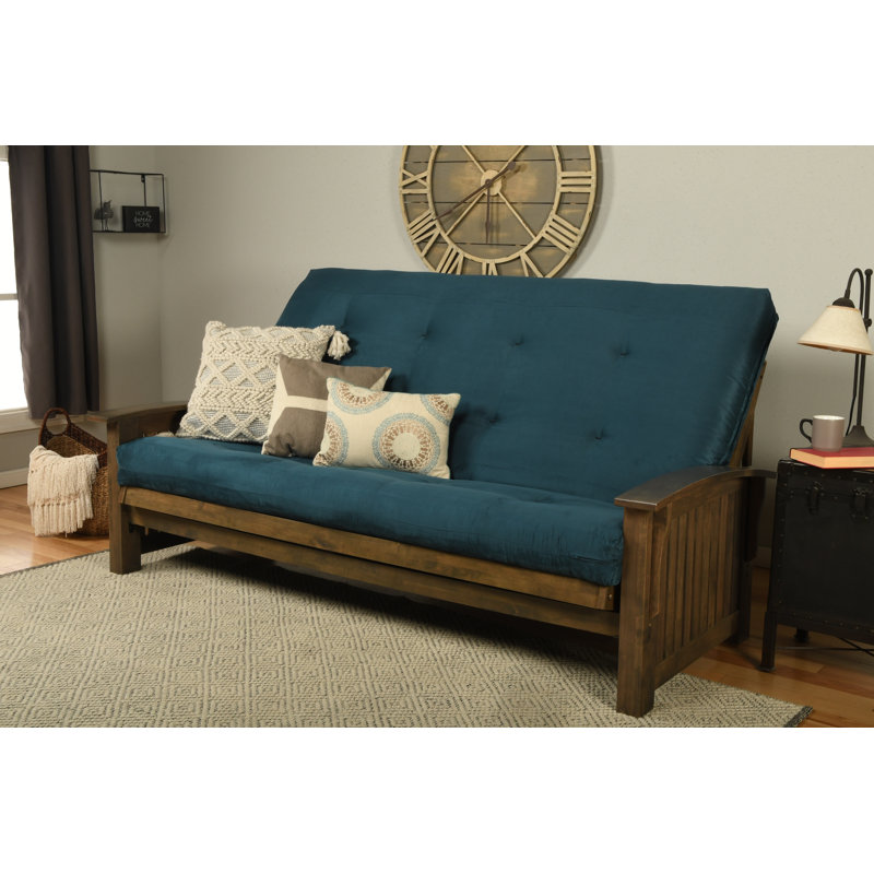 Stratford Queen 87'' Upholstered Futon And Mattress, Suede Blue Microsuede