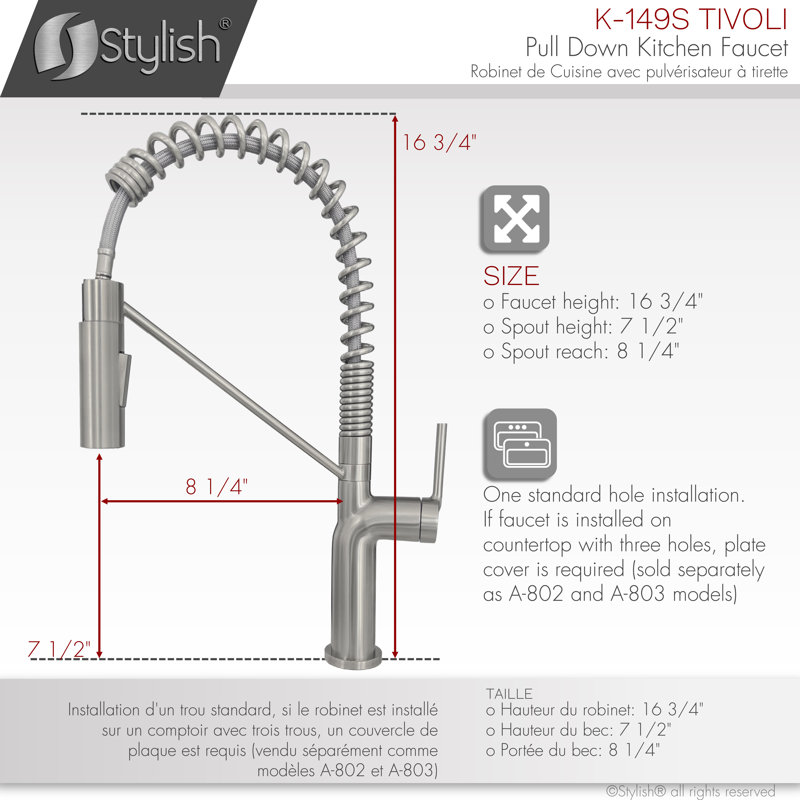 Modern Faucet Stylish Tivoli One-Handle Pull Down Kitchen Faucet, Brushed Stainless Steel