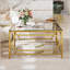 Table basse carrée en verre avec cadre luxueux en métal géométrique, finition dorée et tablette inférieure pour des espaces de vie élégants-1129910476