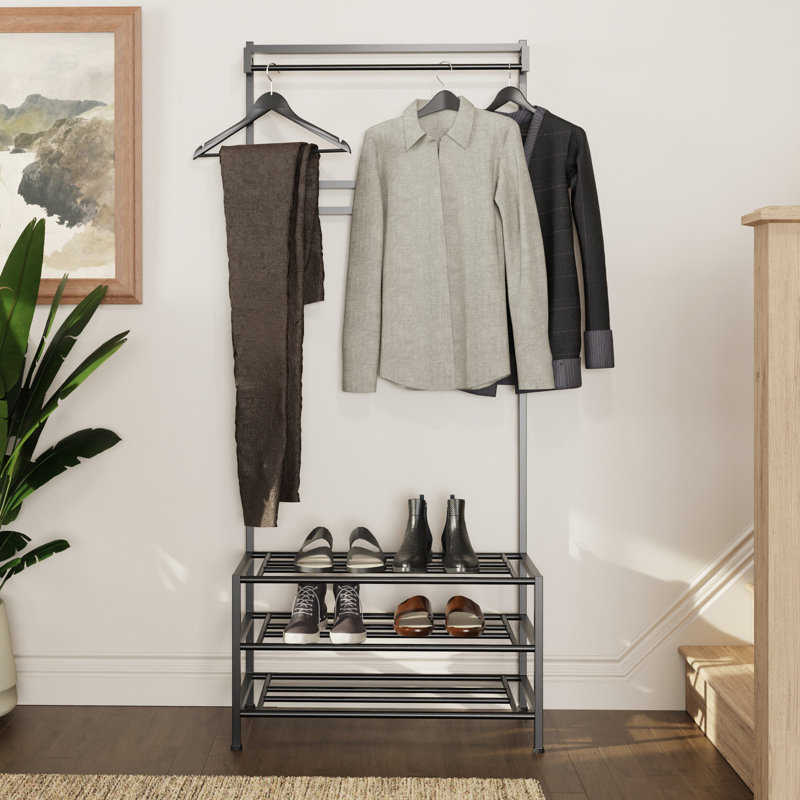 Maxstadt Black Metal Hallway Coat Hanging Rail With 3 Tier Shoe Rack