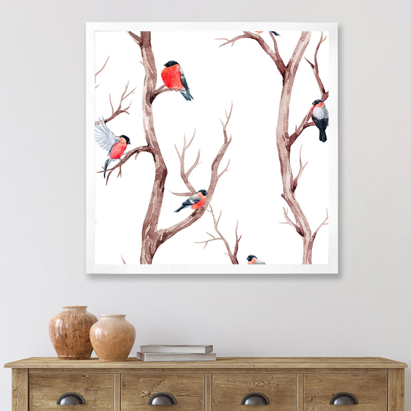 Petits oiseaux sur les branches de l'arbre III - peinture sur toile, Cadre blanc, H 30 po x l 30 po x P 1 po