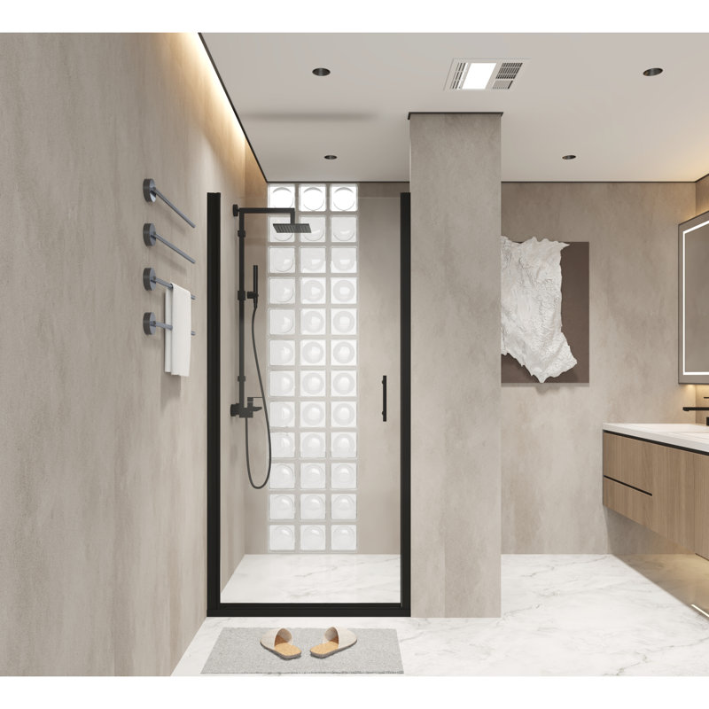 Porte de douche pivotante 34 x 72 po avec cadre en aluminium noir mat, film de preuve et poignée pratique en acier inoxydable