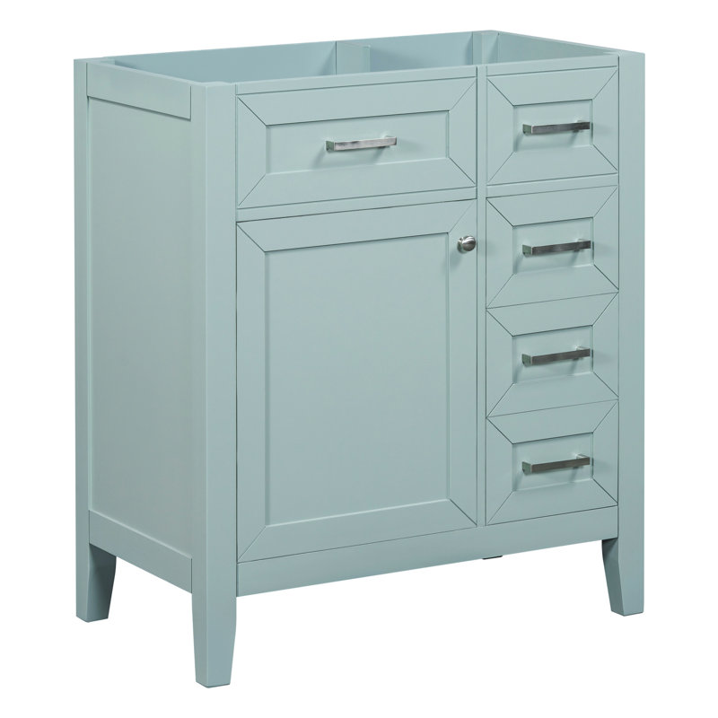 Base de meuble-lavabo de 30 po. Armoire moderne avec tiroirs et tablette de porte. Bois massif. Teinture et conception pratique. Assemblage requis sans lavabo. Tiroirs de la base. Apparence élégante.