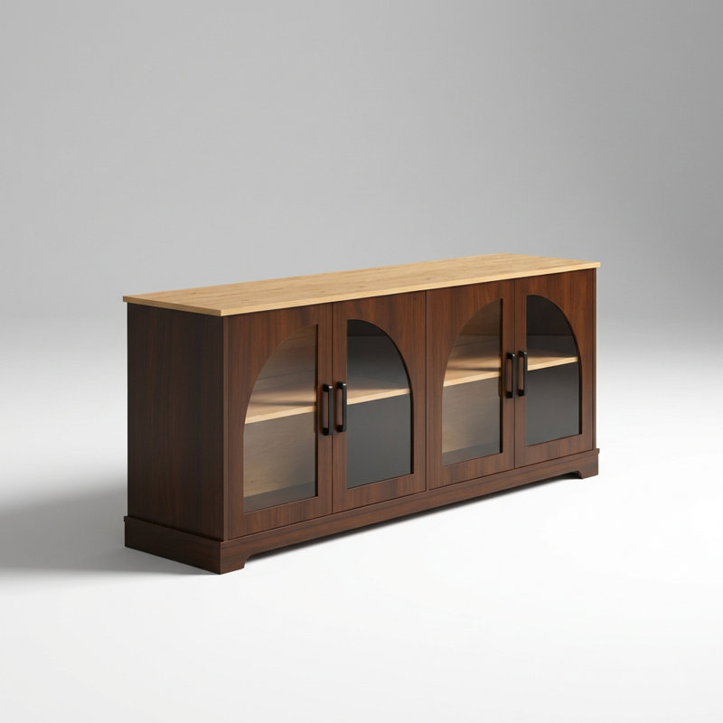 Meuble télé de style campagnard avec portes en verre semi-arquées et tablettes réglables pour le rangement des médias dans le salon