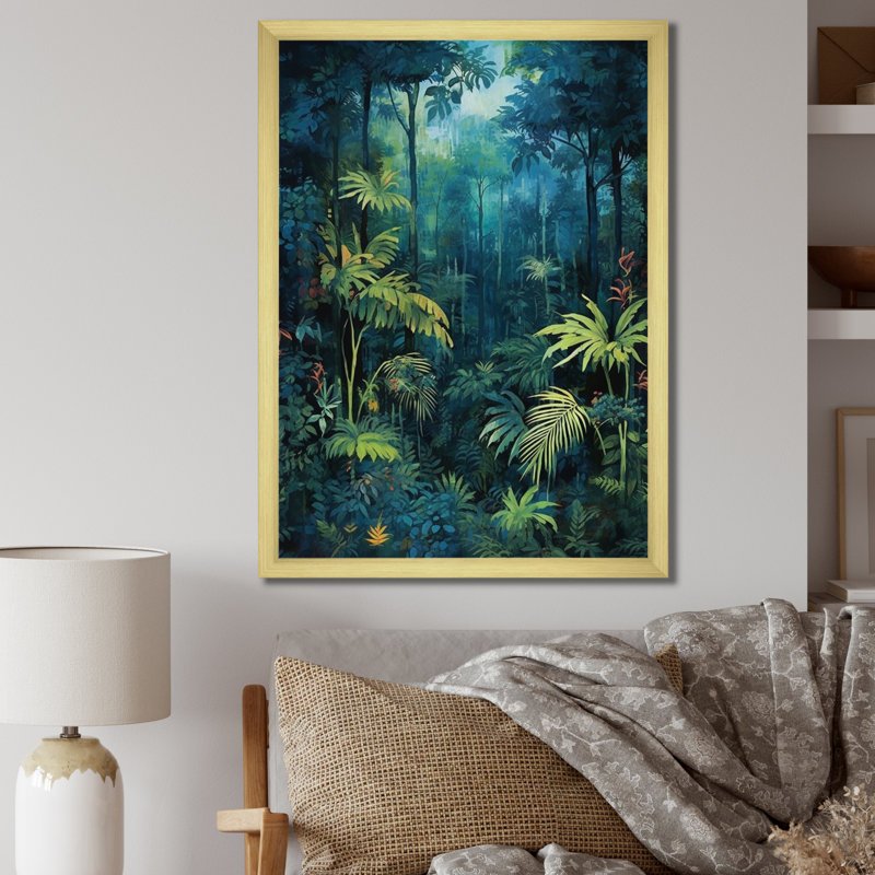 Jungle Expedition - Art mural forêt, H 32 po x l 16 po x P 1 po, Cadre doré simple