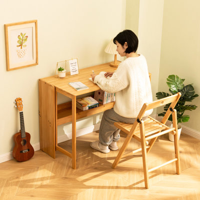 Bureau en bambou pliant, bureau d'ordinateur peu encombrant pour les petits espaces, table d'étude pliable pour chambre à coucher, bureau personnel, dortoir, appartement, couleur naturelle