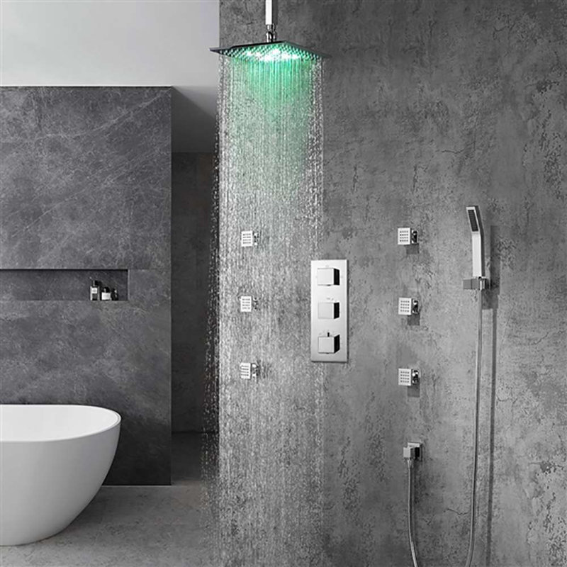 BathSelect Perugia 16-Inch Ceiling Mount LED Rainfall Shower System with Body Jets, Handheld Shower & Thermostatic Valve – Chrome Finish