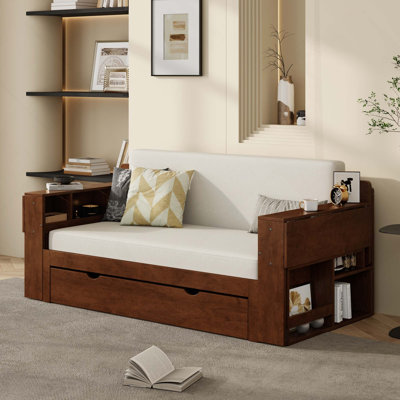 Wooden Storage Daybed With Removable Desk, Storage Drawers & Hydraulic Side Table