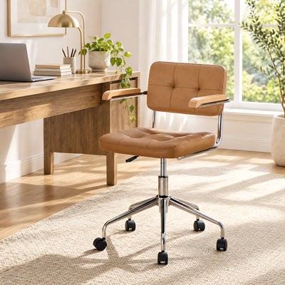 Ayris Mid-Century Modern Adjustable Swivel Faux Leather Task Chair with Wood Armrests and Chrome Base
