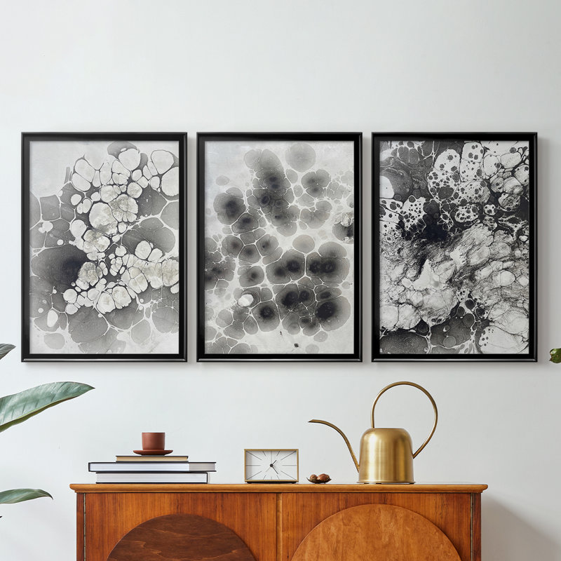 Marble VII - Toile tendue avec châssis sur mesure - 3 pièces, H 19 po x l 27 po, Noir