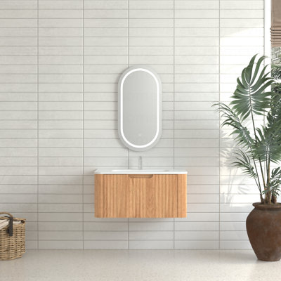 Meuble-lavabo mural flottant 30 po en bois massif de couleur noyer naturel avec lavabo en céramique blanc pré-assemblé