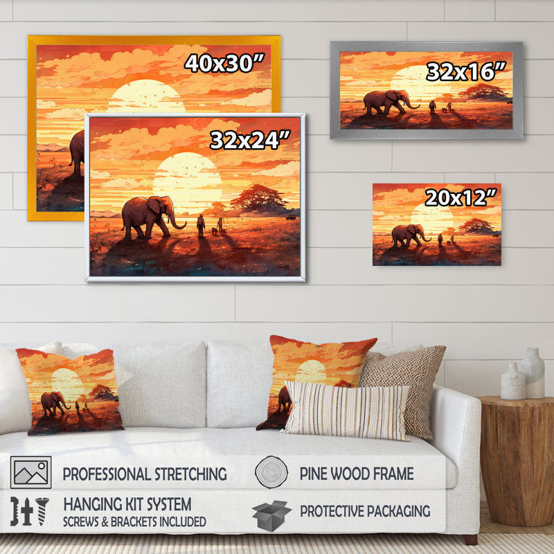 Orange orange safari avec éléphants III sur toile, H 12 po x l 20 po x P 1 po, Toile tendue
