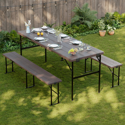 Ensemble de table de pique-nique avec 2 bancs, ensemble de chaises de camping pliables de 6 pieds, mobilier d'extérieur portatif 3 pièces avec plateau en grain de bois pour la fête, le pique-nique, le camping, le mariage