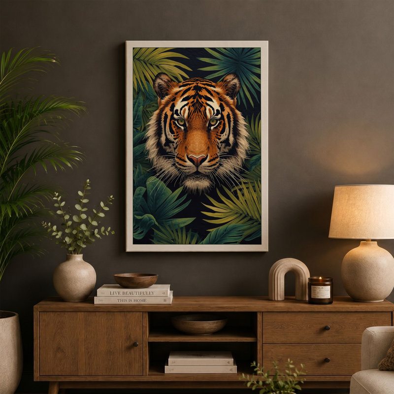 Tiger in the Jungle Tropical - Wrapped Canvas, 18x12 - 45.7 x 30.5 cm, Taupe Border