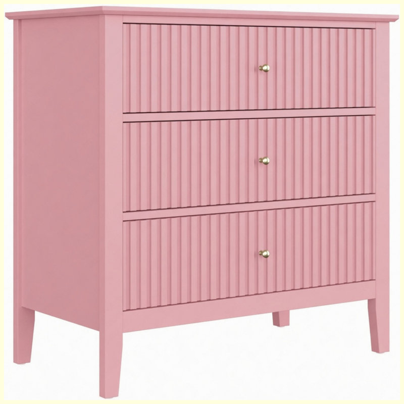 32" Wide Pink Fluted 3-Drawer Nightstand, Large Modern Bedroom End Table with Storage, Pink
