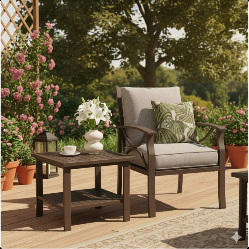 Table d'appoint d'extérieur 19 po carrée en métal brun, table de bout pour terrasse toutes saisons à 2 niveaux
