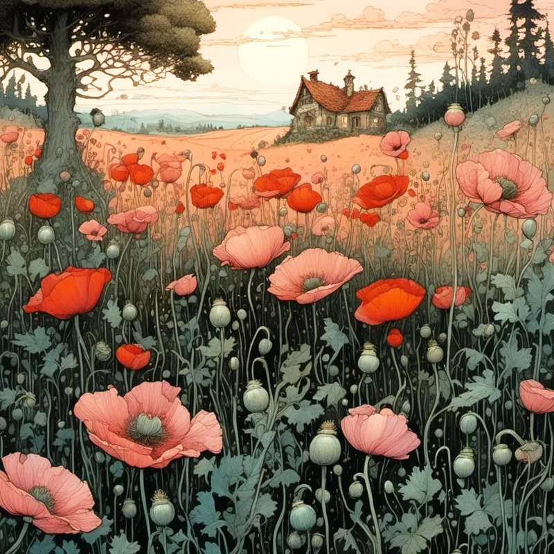 Twilight Cottage Parmi Coquelicots - Art mural sur toile tendue, H 12 po x l 12 po