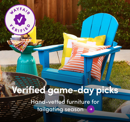 Bright blue Adirondack chairs with patterned throw pillows and a teal side table by a fire pit, with the text Verified game-day picks, Hand-vetted furniture for tailgating season.
