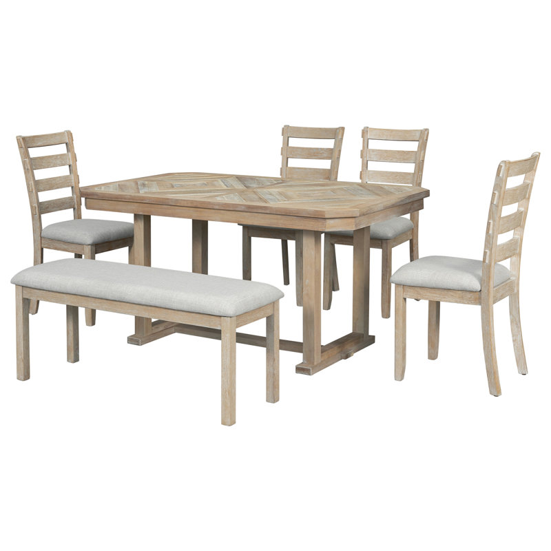 6-Piece Rubber Wood Dining Table Set With Beautiful Wood Grain Pattern Tabletop Solid Wood Veneer And Soft Cushion, Natural