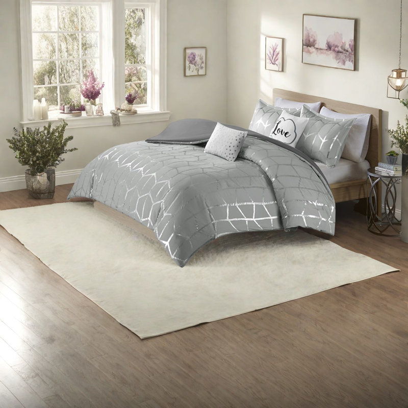Contemporary Geometric Grey Bedding Set Metallic Print For Stylish Bedrooms