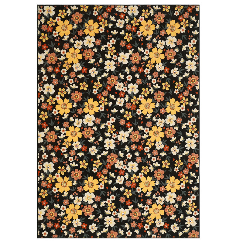 Large Modern Living Room Rug Washable Floral Print Accent Carpet With Rubber Backing, Stain-Resistant Farmhouse Floor Cover Low Pile Rugs