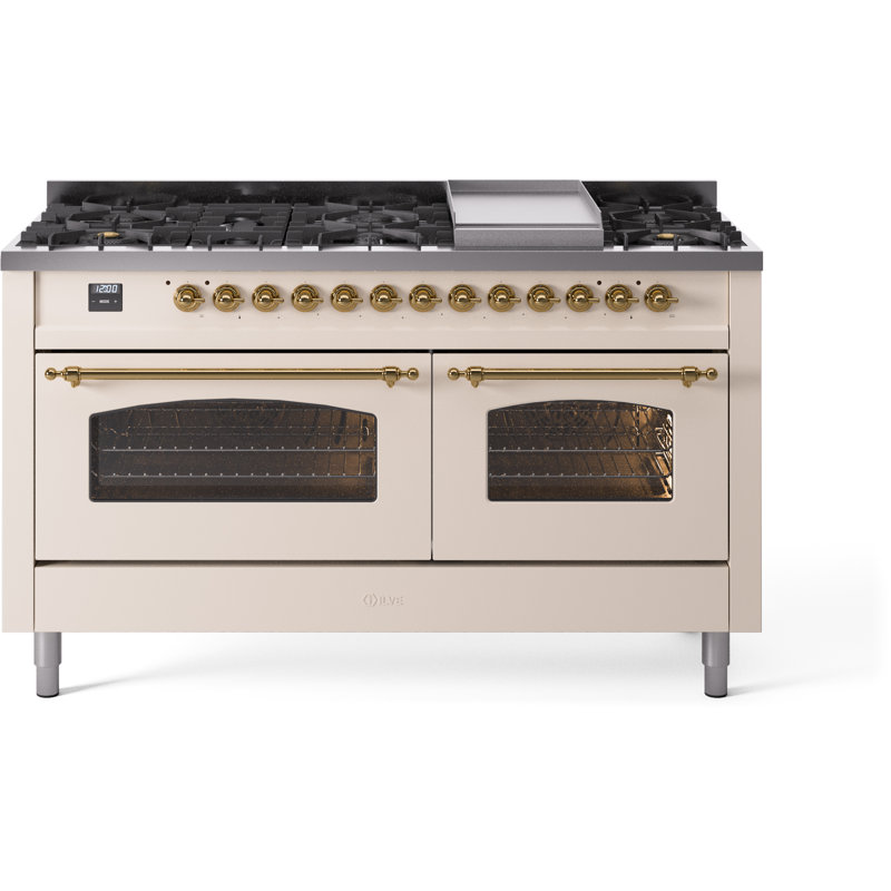 ILVE Nostalgie II 60 Dual Fuel Range, 9 Burners, Griddle, Natural Gas, Antique White/Brass