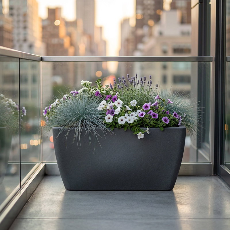 Manhattan 40" Balcony Planter & Pond – Large Outdoor Rectangular Planter Box, Charcoal Stone