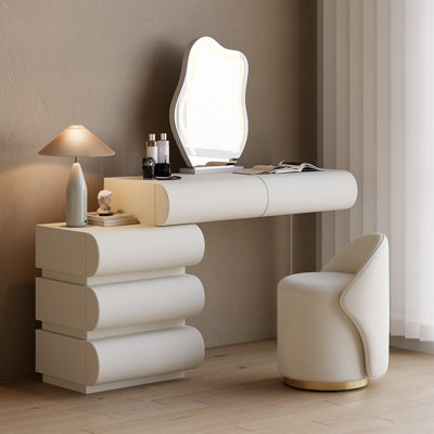 Humply Modern Makeup Vanity Set PU Leather Dressing Table with Stool & LED Mirror