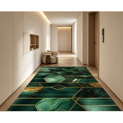 Tapis d'intérieur moderne à motif géométrique abstrait, lavable à la machine, avec envers antidérapant, motif marbre vert émeraude et or, idéal pour le salon, la chambre à coucher, la salle à manger ou le bureau.