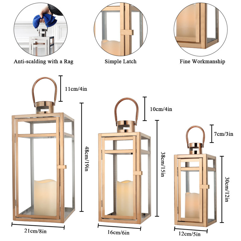 Ensemble de lanternes à bougie en acier inoxydable - tailles variées (12/15 / 19 pouces), Or rose, 3