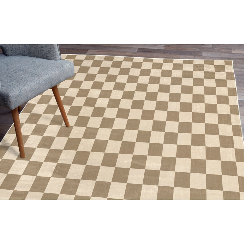 Checkers Game Turkish Area Rug, 4' X 5' 7", Beige Cream