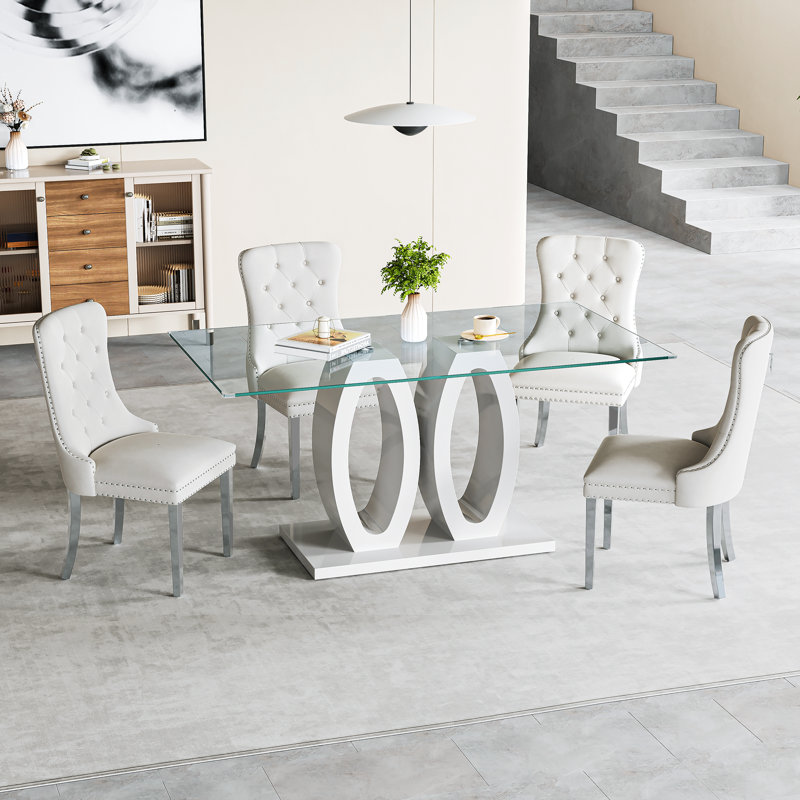 Ensemble repas, 5 pièces: table, 4 chaises, Blanc / argenté, Blanc