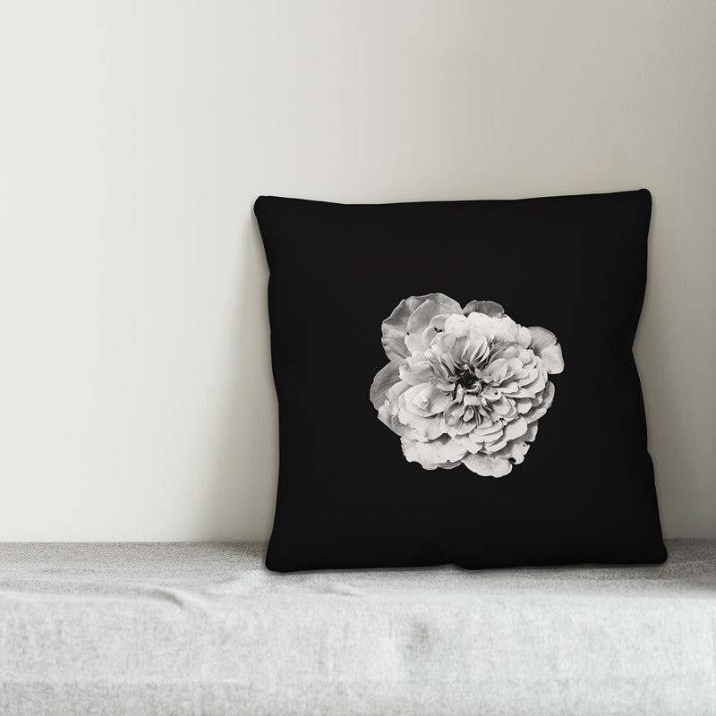 18" Black and White Polyester Flower Square Throw Pillow