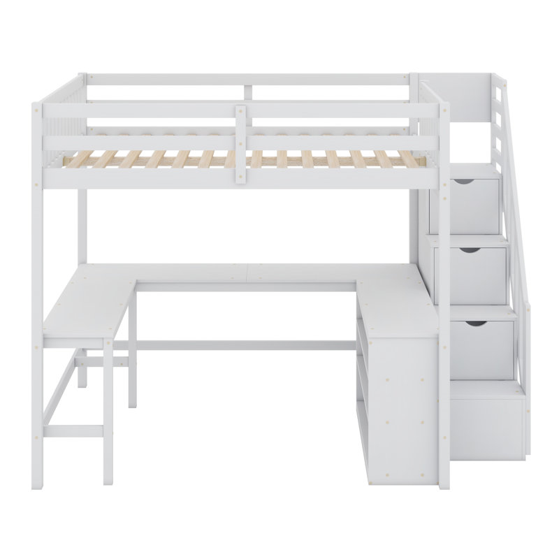 Lit mezzanine avec bureau intégré en forme de L et tablettes de rangement à trois niveaux, et escalier de rangement attaché