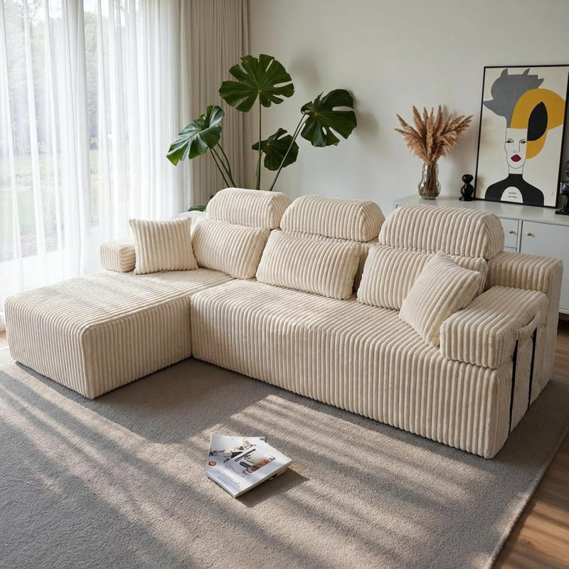 270cm Corner Sofa with High Backrest, Corduroy Boneless Couch, L Shaped Sofa with Reversible Chaise for Left or Right, 85cm Deep Seat, 3 Seater Modular Sofas