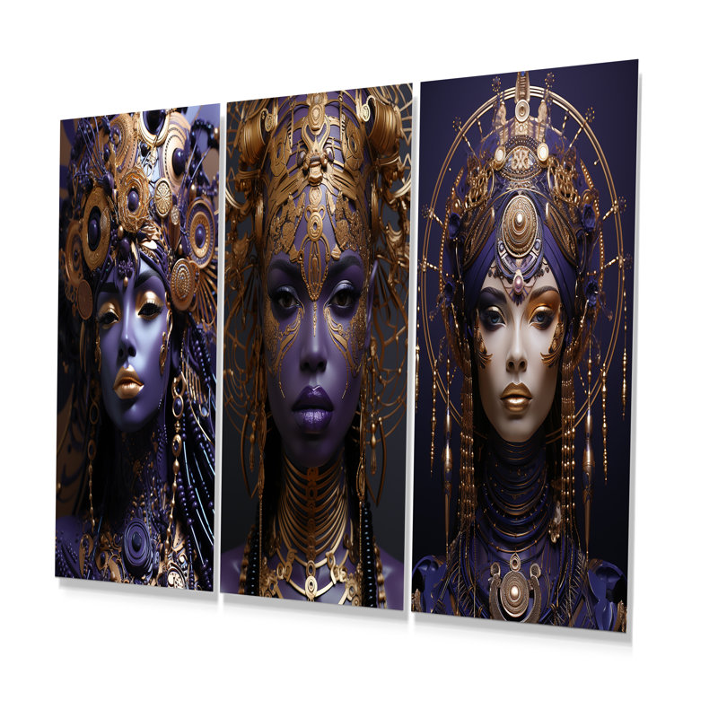 Purple And Gold African Woman Elegance I - Woman African American Metal Prints Set Of 3, 32" H x 48" W
