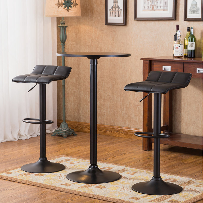 Table de bar ronde avec pieds et base en métal, jumelée à des tabourets de bar réglables en cuir reconstitué pour un ensemble de bar complet