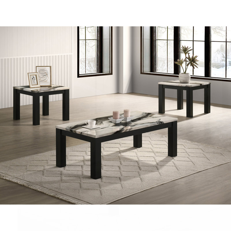 Modern Luxury 3-Piece Living Room Table Set Faux Marble Table Top Cocktail Table and Two Matching End Tables Wooden Furniture