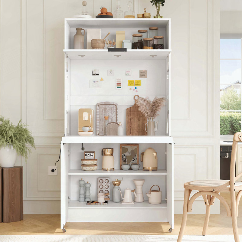 Compact Kitchen Pantry Buffet with Foldable Workstation, White