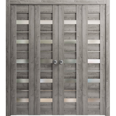 Portes coulissantes doubles pliantes pour placard 96 po x 84 po (4 x 24 x 84 po) Quadro 4445 Gris Nebraska avec verre dépoli, rails robustes, moulures, garnitures, quincaillerie, portes de placard en bois massif pour chambre à coucher